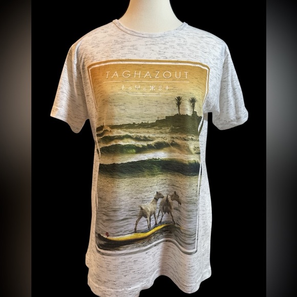 White Short Sleeve Tee with Surfing Goats- Surf Morocco Graphic Tee - Picture 1 of 6